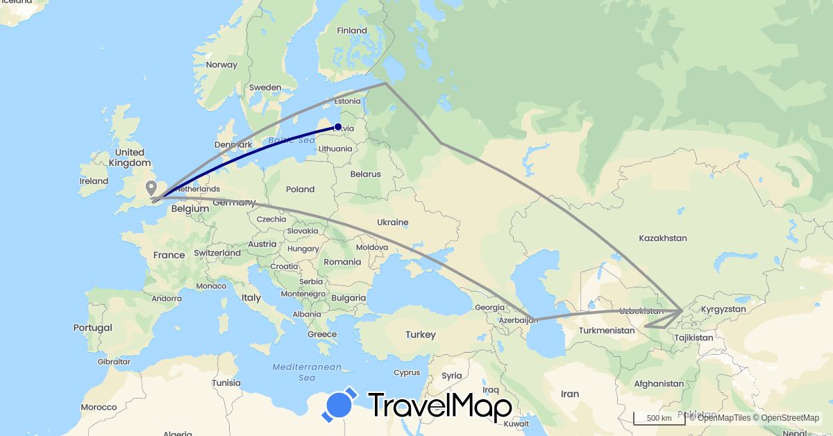 TravelMap itinerary: driving, plane in Azerbaijan, United Kingdom, Latvia, Russia, Uzbekistan (Asia, Europe)